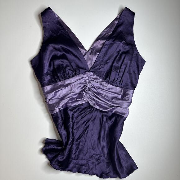 Purple Silk Look Ruched Waist Tank Top Plunge V Neck Satin Style Y2K Party Sz S - Picture 3 of 11